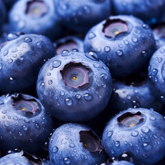 Macro photography with soft focus of ripe blueberries with small water drops.