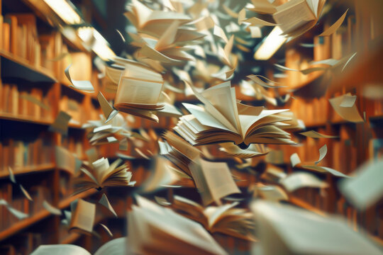 A high-speed shot capturing the moment a book is thrown into the air, pages flying everywhere