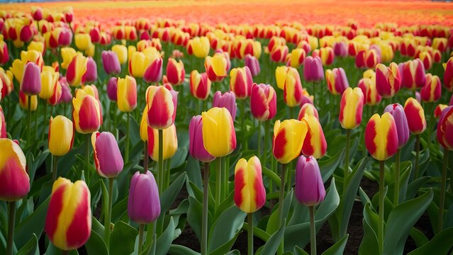 Picture Colorful tulip flowers create pattern on spring garden background texture