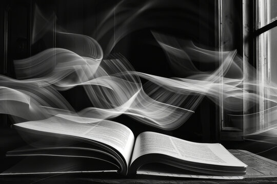 A long exposure shot of pages flipping in a book, creating a sense of motion.