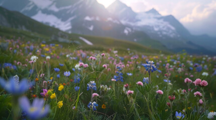 Alpine meadow with colorful wildflowers against a backdrop of majestic mountains - obrazy, fototapety, plakaty
