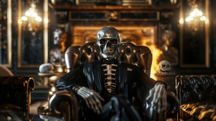 Advertising business company or brands. Stylish greedy skull skeleton dressed in an official busines - obrazy, fototapety, plakaty