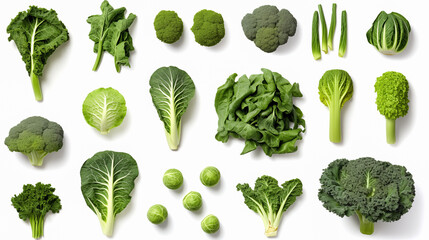 Illustration of isolated green vegetables on white background. Lettuce, spinach, broccoli, green leaves, Brussels sprouts. - obrazy, fototapety, plakaty