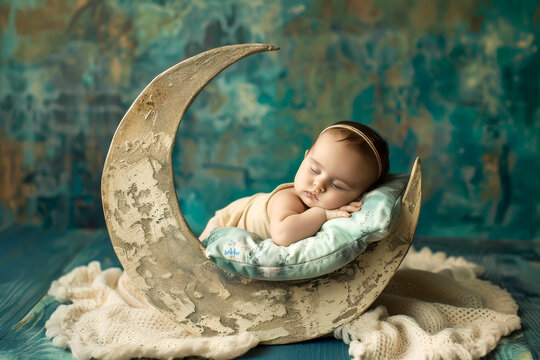 A peaceful infant lying on a moon-shaped prop, as if dreaming of celestial adventures