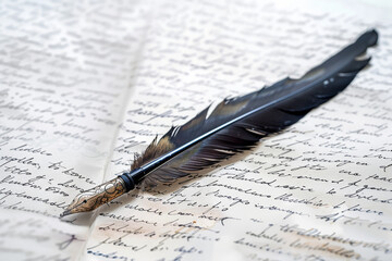 A feather pen is on top of a piece of paper with writing. The writing appears to be cursive and possibly romantic in nature. The feather pen adds a sense of elegance and nostalgia to the scene