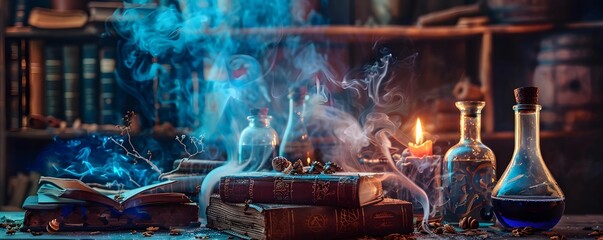 Ancient sorcerers library, spells and potions, magic in the air