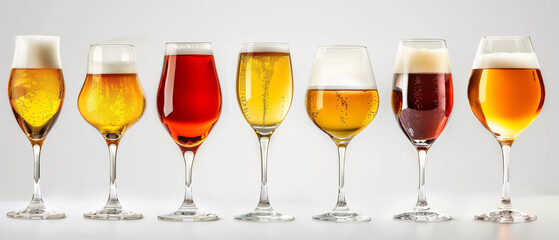 Variety of beer glasses on table - obrazy, fototapety, plakaty