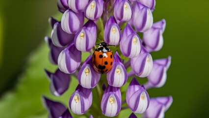 Fototapeta premium Picture Ladybug on violet lupine flower in summer garden