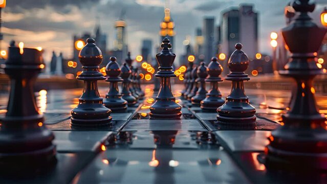 Urban skyline: Chess-themed cityscape blends tradition with modernity.generative ai