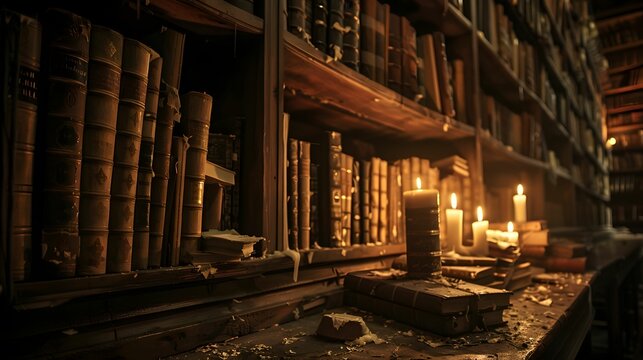 Ancient library by candlelight, secrets whispering in the dust