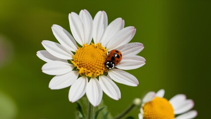 Picture taken in summer playground with ladybug on chamomile flower