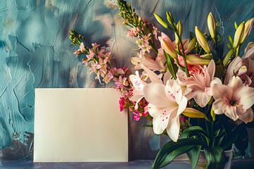 A still life photograph of a Mothers Day card and a bouquet of flowers, waiting to be discovered - obrazy, fototapety, plakaty
