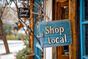 A storefront with a sign saying "Shop Local," promoting community support