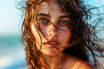 A sun-kissed beachcomber, saltwater tangled in her windblown hair. close up, portrait