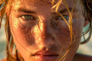 A sun-kissed surfer, freckles dotting her sunburned cheeks close up, portrait