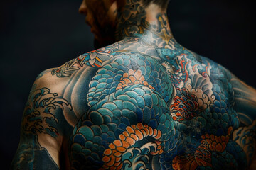 A man with a blue dragon tattoo on his back. The tattoo is very detailed and colorful. The man's back is covered in tattoos, and the blue dragon is the most prominent one