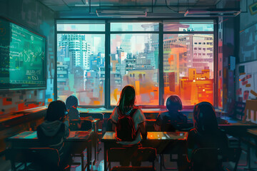 A group of people are sitting in a classroom with a window - obrazy, fototapety, plakaty