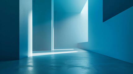 Modern blue minimalist interior with sunlight