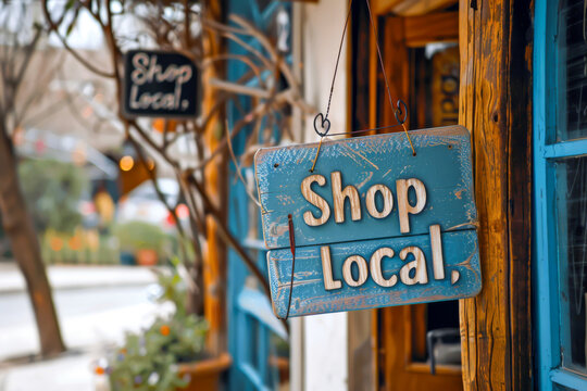 A storefront with a sign saying "Shop Local," promoting community support
