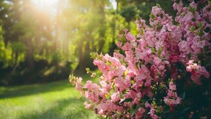 Pink blooming flowers bush against sunny landscape background with bokeh - Powered by Adobe