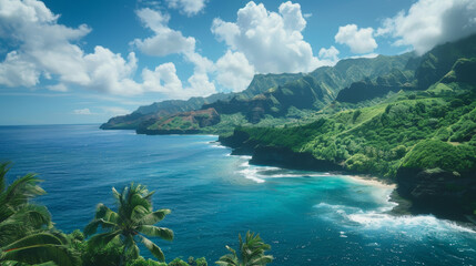Lush tropical coastline with cliffside ocean view under blue sky