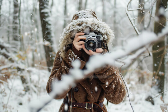 A woman wrapped in a faux fur coat explores a snow-covered forest. Her breath forms mist in the chilly air, and she carries a vintage camera to capture the serene landscape.
