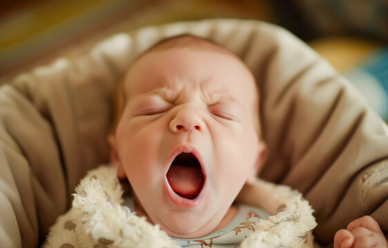 A yawning baby captured mid-yawn, showcasing their adorable mouth and tiny tongue.