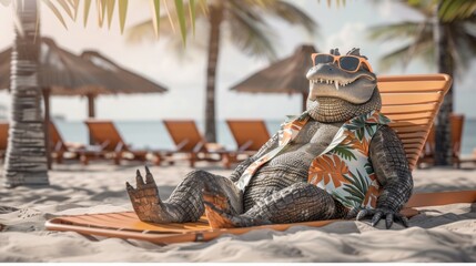Vacation rest in hot country beach concept. Relaxed funny crocodile alligator iguana in sunglasses s - obrazy, fototapety, plakaty