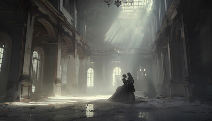 ghostly couple in 18th century ballroom attire dances a waltz in a huge abandoned palace ballroom - obrazy, fototapety, plakaty