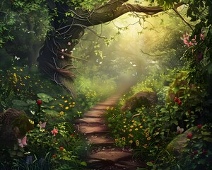 Enchanted forest path, magical creatures lurking, adventure awaits - obrazy, fototapety, plakaty