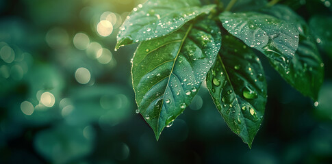 Glistening Raindrops on Vibrant Green Foliage, Eco-friendly Concept
