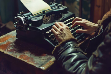 An aspiring writer sits at a vintage typewriter, fingers tapping rhythmically - obrazy, fototapety, plakaty