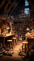 wooden toys in the attic of a wooden house. 3d render