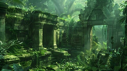 Jungle temple ruins, nature reclaiming, historys puzzle