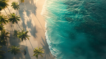 Aerial view of tropical beach with palm trees and turquoise sea
