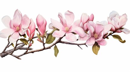 Isolated pink magnolia branch with spring flowers on white background for design