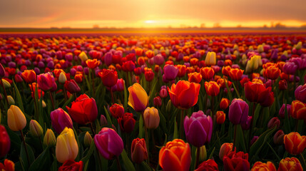 Sunset over vast tulip field with colorful blossoms