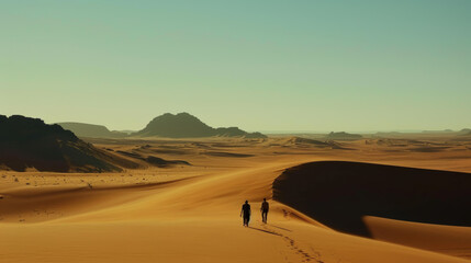 Two people walking in vast desert landscape at dusk