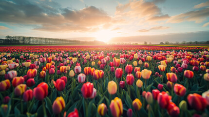 Sunrise over colorful tulip field with dramatic sky