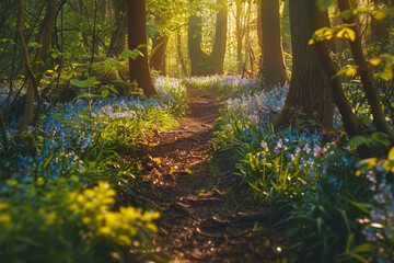 Spring forest path with bluebells and golden morning light