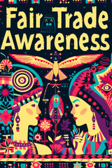 "Fair Trade Awareness" A colorful design showcasing fair trade symbols, urging consumers to support ethical products, poster style