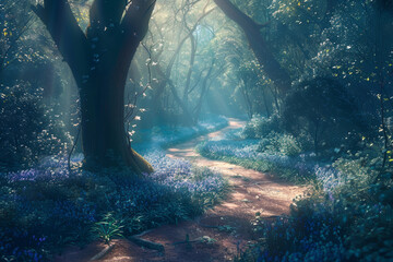 Mystical forest pathway with bluebells and dappled sunlight