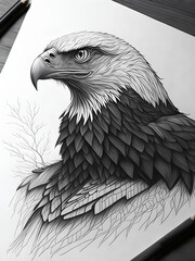 Dibujo a lápiz de un águila. Vista superior y de cerca. Ai Generativa