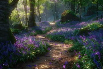 Enchanted bluebell woods with sunlight filtering through trees