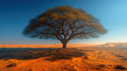 A large leafless tree in the middle of a vast desert landscape