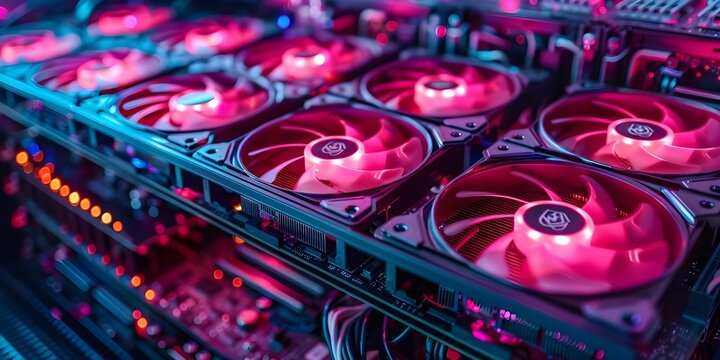 Close-up of illuminated CPU cooling fans on a high-performance computer. Concept Technology, Hardware, Computers, Close-up Photography