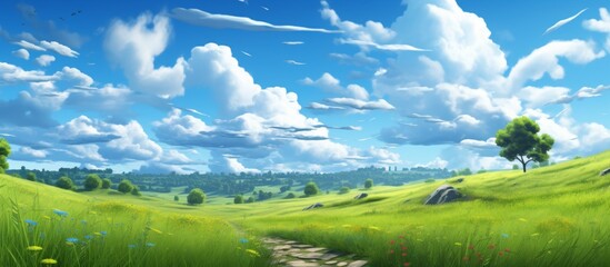 An art piece depicting a natural landscape with a lush green field, towering trees, and fluffy clouds in the sky, creating a serene and peaceful scene
