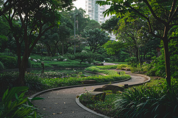 Winding path through lush park with urban skyline in distance