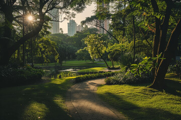 Sunlit path in tranquil city park with skyscrapers in the background