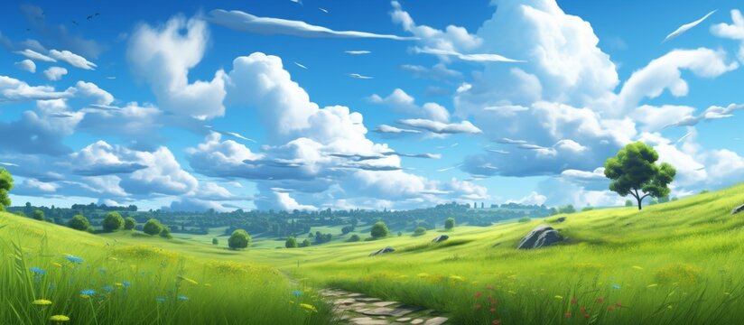 An art piece depicting a natural landscape with a lush green field, towering trees, and fluffy clouds in the sky, creating a serene and peaceful scene